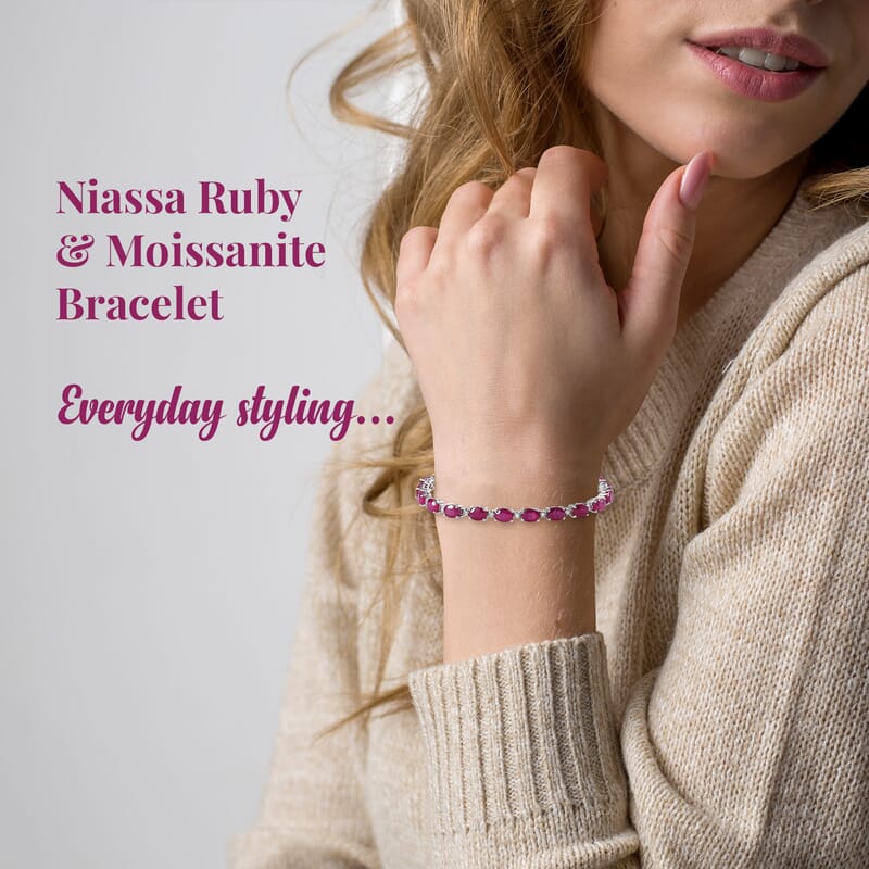 Niassa Ruby (FF) and Moissanite Bracelet in Platinum Over Sterling Silver (6.50 In) 20.50 ctw