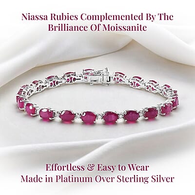 Niassa Ruby and Moissanite Tennis Bracelet in Platinum Over Sterling Silver (7.25 In) 22.90 ctw
