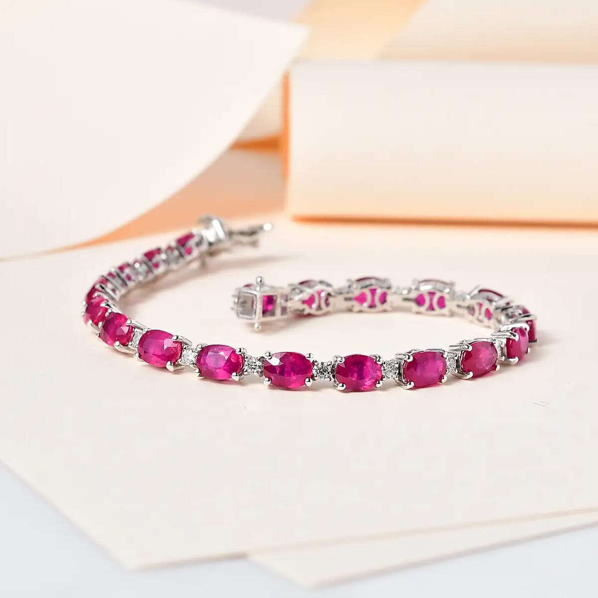 Niassa Ruby (FF) and Moissanite 25.40 ctw Bracelet in Platinum Over Sterling Silver (8.00 In) image number 1