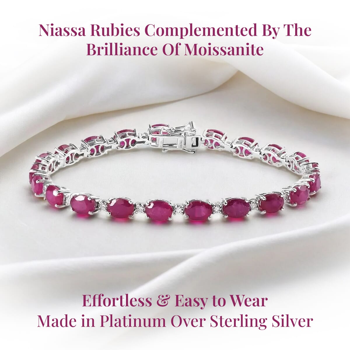 Niassa Ruby (FF) and Moissanite 25.40 ctw Bracelet in Platinum Over Sterling Silver (8.00 In) image number 3