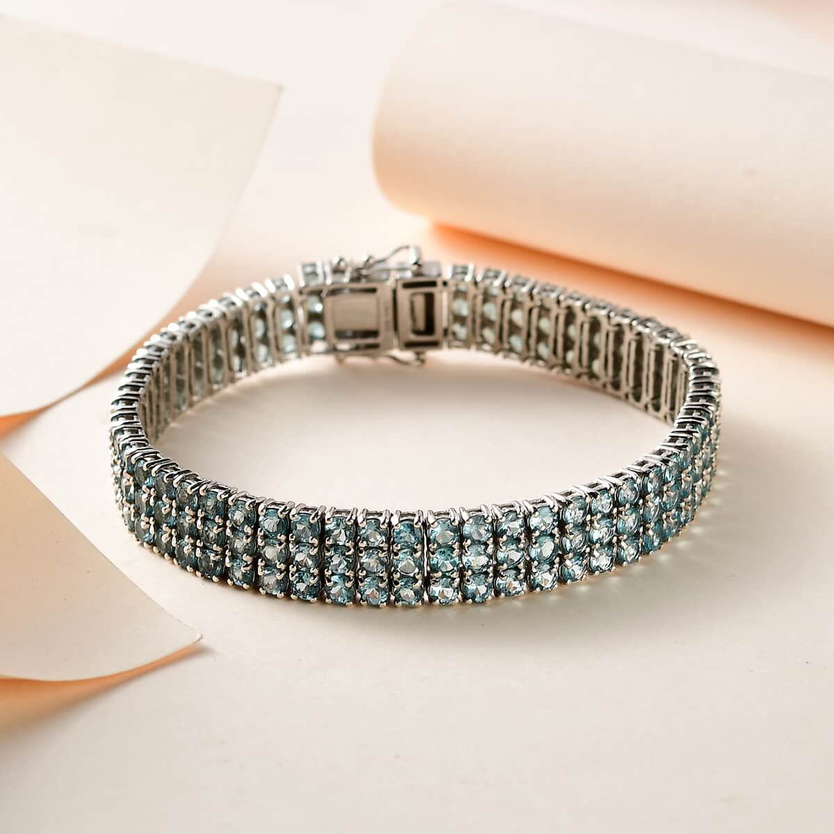 Buy Tanzanian Natural Green Apatite 3 Row Tennis Bracelet in Platinum Over Sterling Silver (6.50