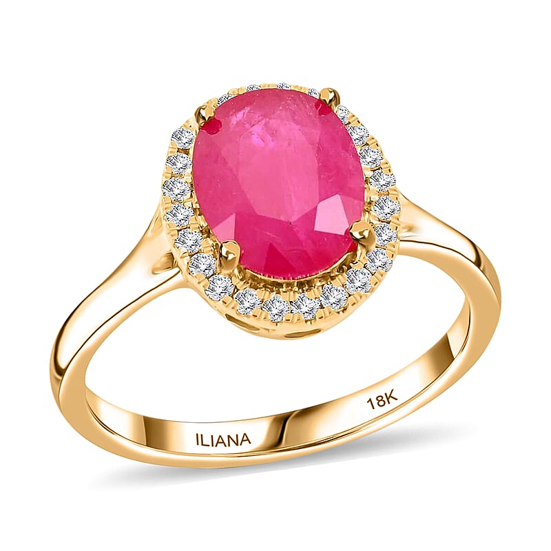Certified & Appraised Iliana 18K Yellow Gold AAA Montepuez Ruby and G-H SI Diamond Halo Ring (Size 10.0) 2.50 ctw