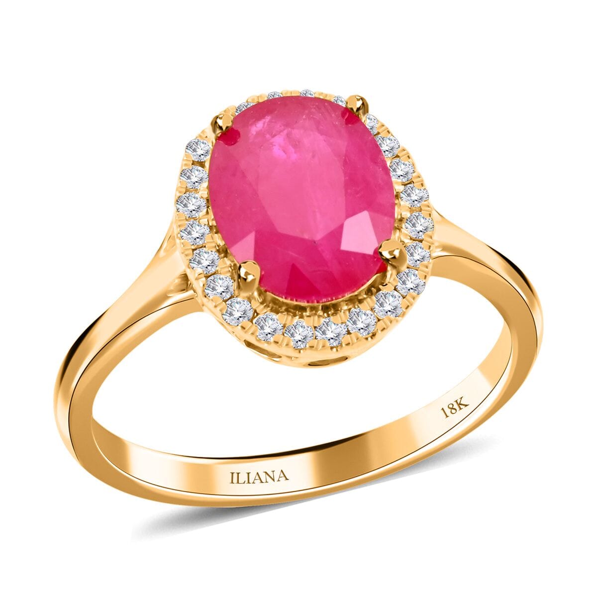 Certified & Appraised Iliana 18K Yellow Gold AAA Montepuez Ruby and G-H SI Diamond Halo Ring (Size 8.0) 2.50 ctw image number 0