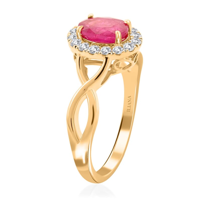 Certified & Appraised Iliana 18K Yellow Gold AAA Mozambique Ruby and G-H SI Diamond Infinity Shank Ring (Size 10.0) 4.05 Grams 1.25 ctw
