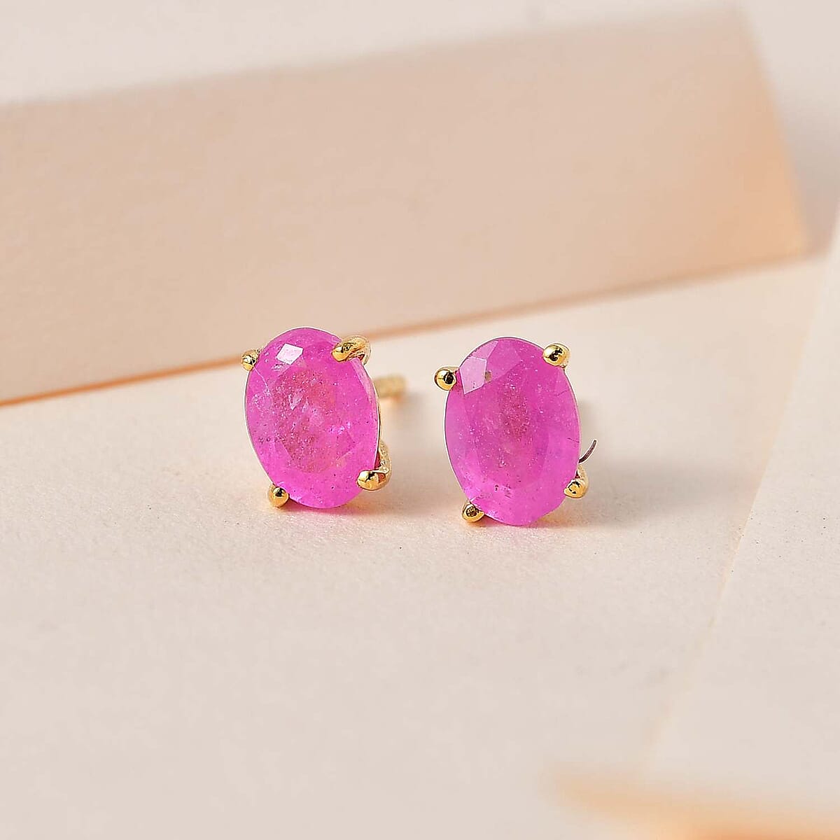 Ilakaka Hot Pink Sapphire (FF) Solitaire Stud Earrings in Vermeil Yellow Gold Over Sterling Silver 2.25 ctw image number 1