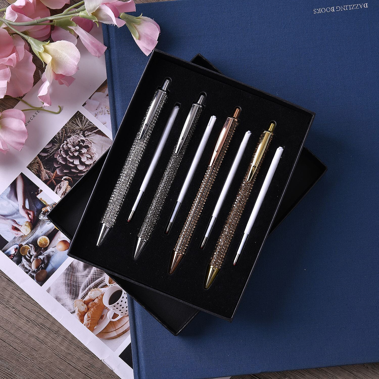 Livmore Set of 4 Silver, Gold, Gun and Rose Gold Color Crystal Pens with 4 Refills