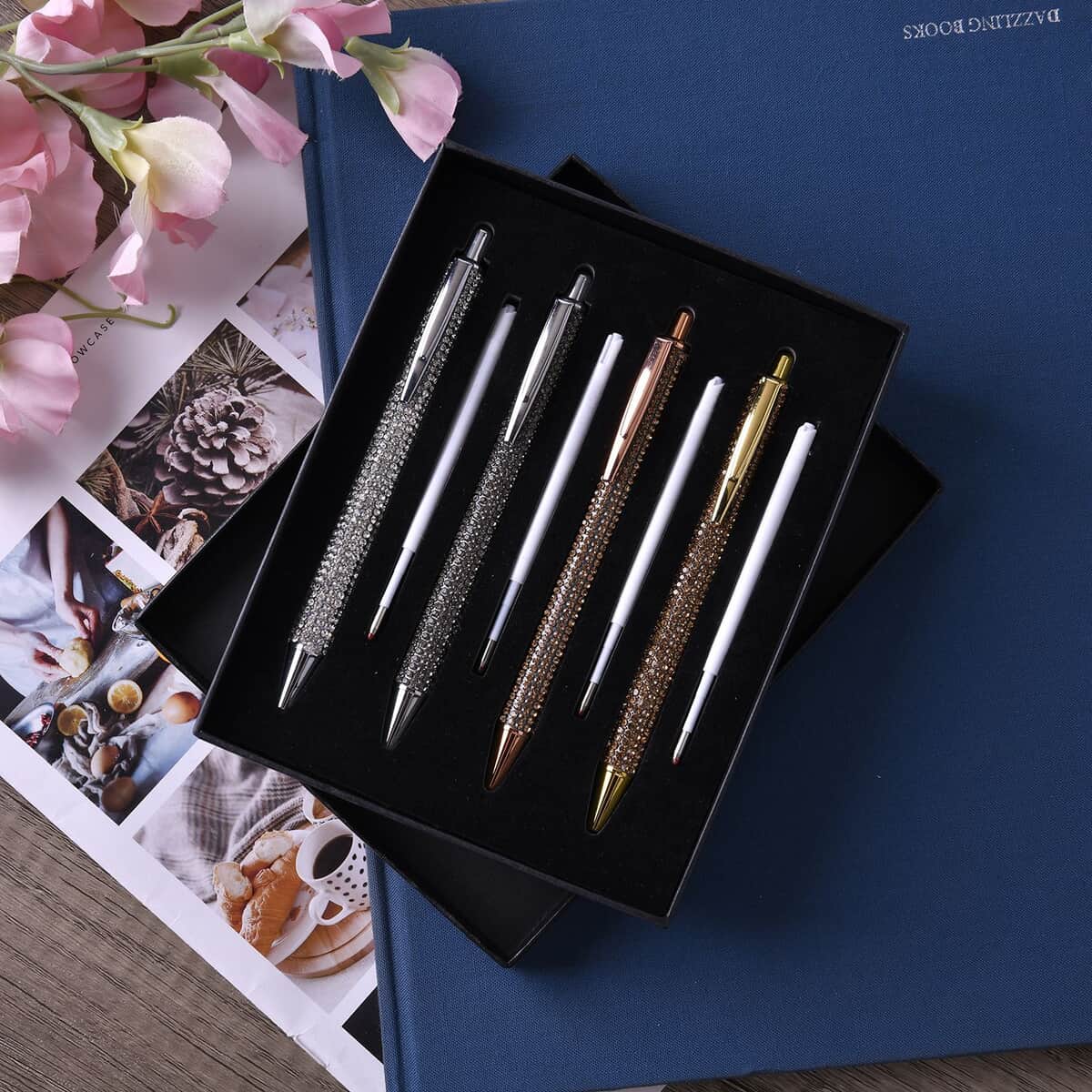 Set of 4 Silver, Gold, Gun and Rose Gold Color Crystal Pens with 4 Refills image number 1