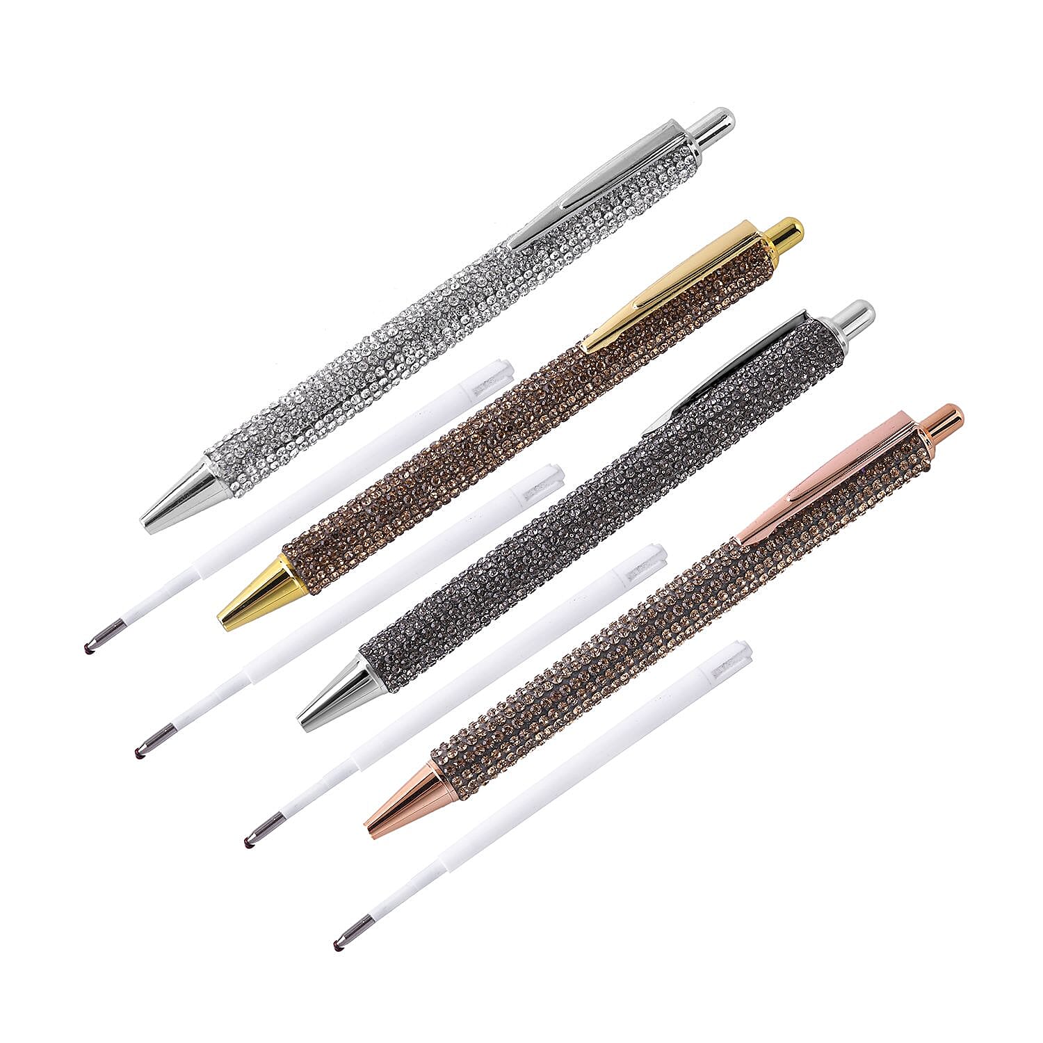 Livmore Set of 4 Silver, Gold, Gun and Rose Gold Color Crystal Pens with 4 Refills