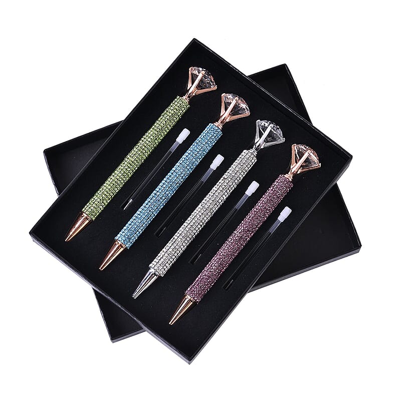 Livmore Set of 4 Silver, Purple, Green and Blue Color Crystal Pens with 4 Refills