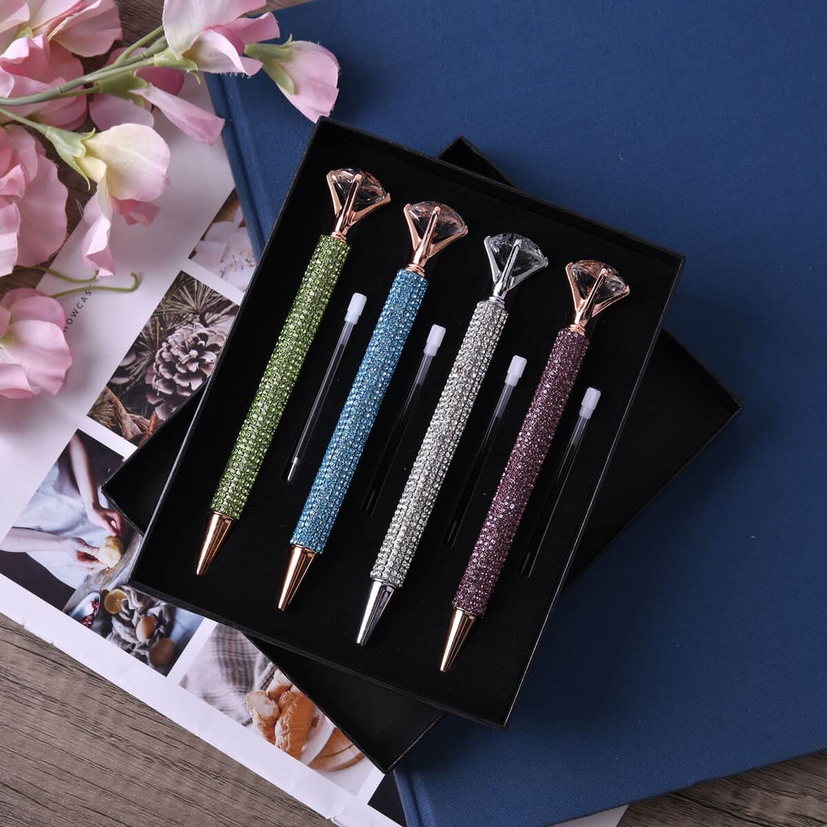 Set of 4 Silver, Purple, Green and Blue Color Crystal Pens with 4 Refills image number 1