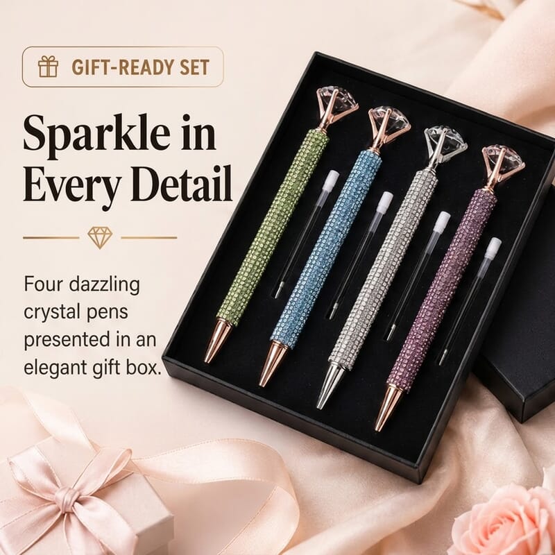 Livmore Set of 4 Silver, Purple, Green and Blue Color Crystal Pens with 4 Refills