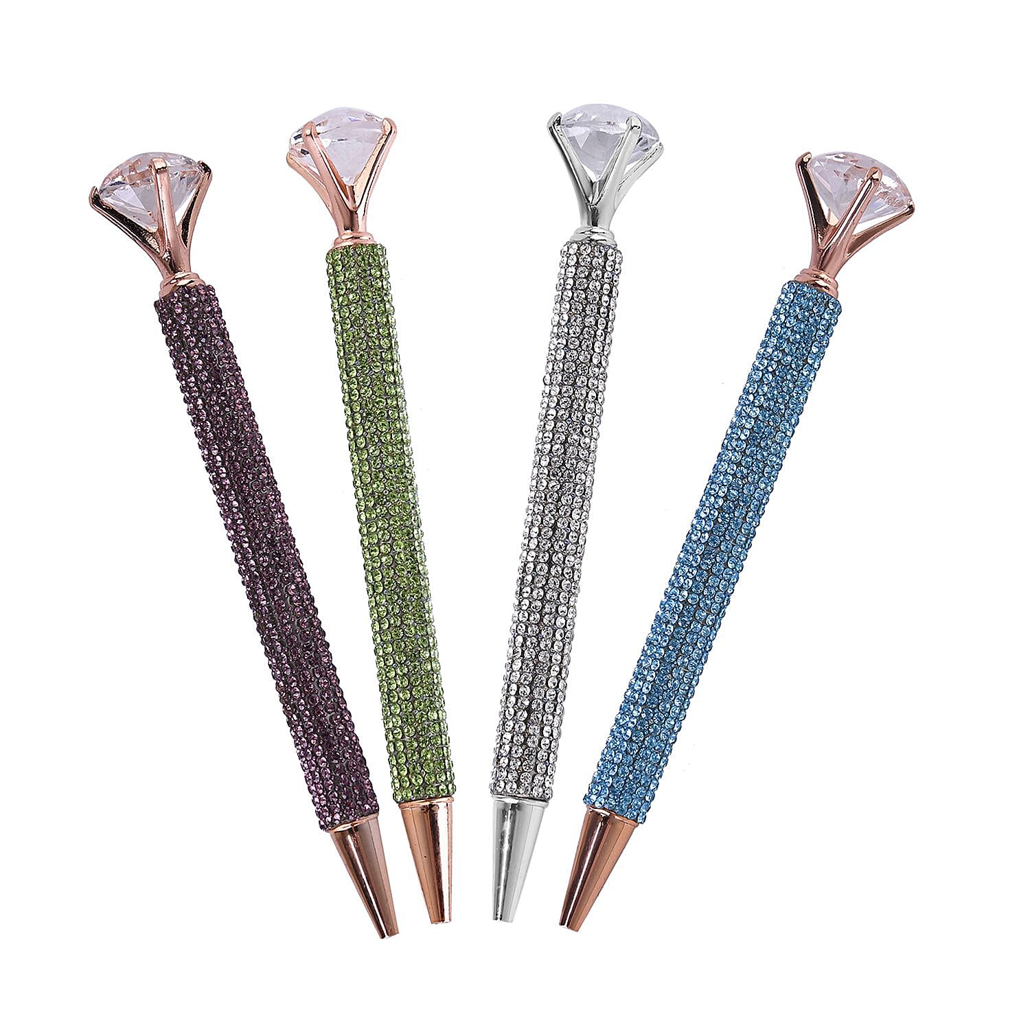 Livmore Set of 4 Silver, Purple, Green and Blue Color Crystal Pens with 4 Refills