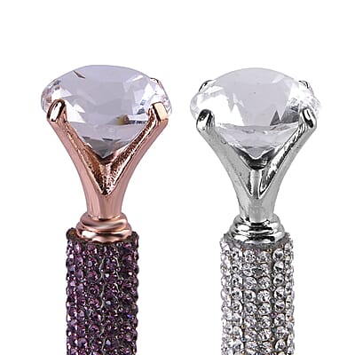 Livmore Set of 4 Silver, Purple, Green and Blue Color Crystal Pens with 4 Refills