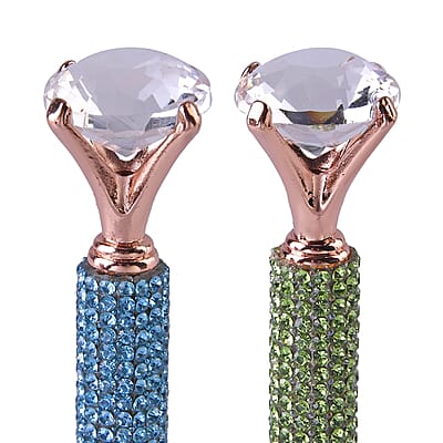 Livmore Set of 4 Silver, Purple, Green and Blue Color Crystal Pens with 4 Refills