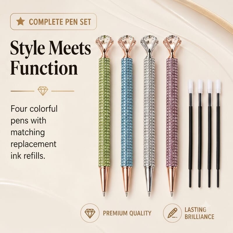 Livmore Set of 4 Silver, Purple, Green and Blue Color Crystal Pens with 4 Refills