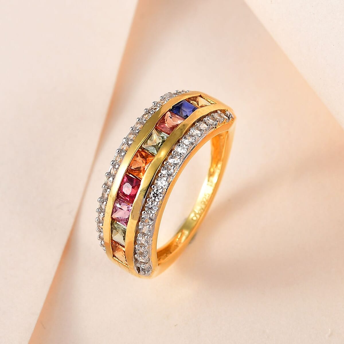 Premium Multi Sapphire and White Zircon Ring in Vermeil Yellow Gold Over Sterling Silver (Size 10.0) 1.70 ctw image number 1