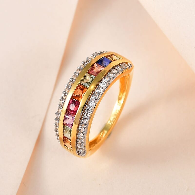 Premium Multi Sapphire and White Zircon Ring in Vermeil Yellow Gold Over Sterling Silver (Size 10.0) 1.70 ctw