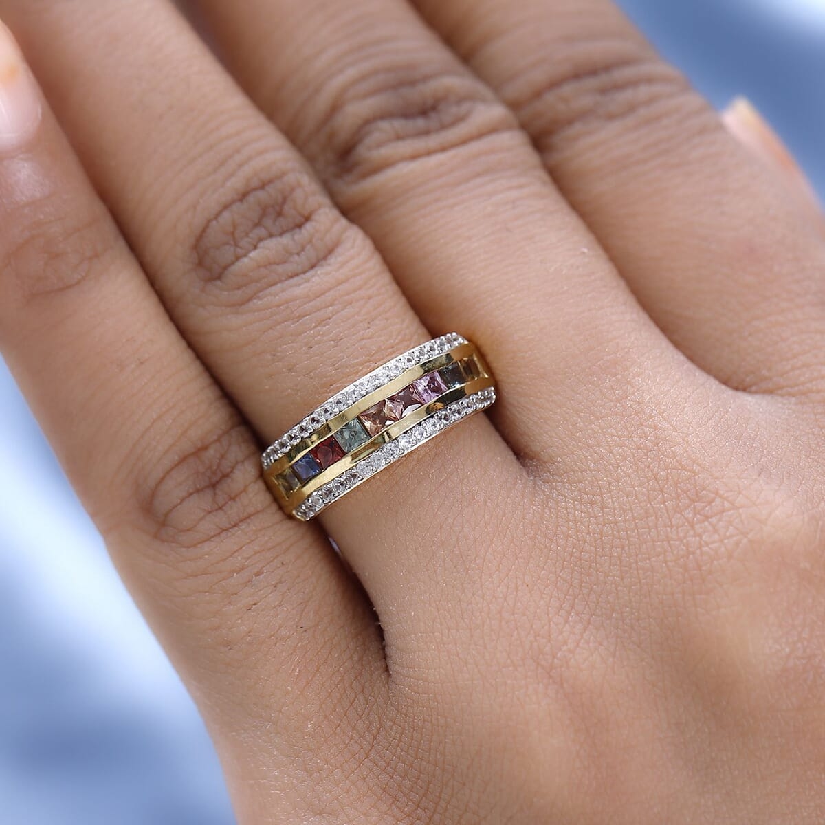 Premium Multi Sapphire and White Zircon Ring in Vermeil Yellow Gold Over Sterling Silver (Size 10.0) 1.70 ctw image number 2