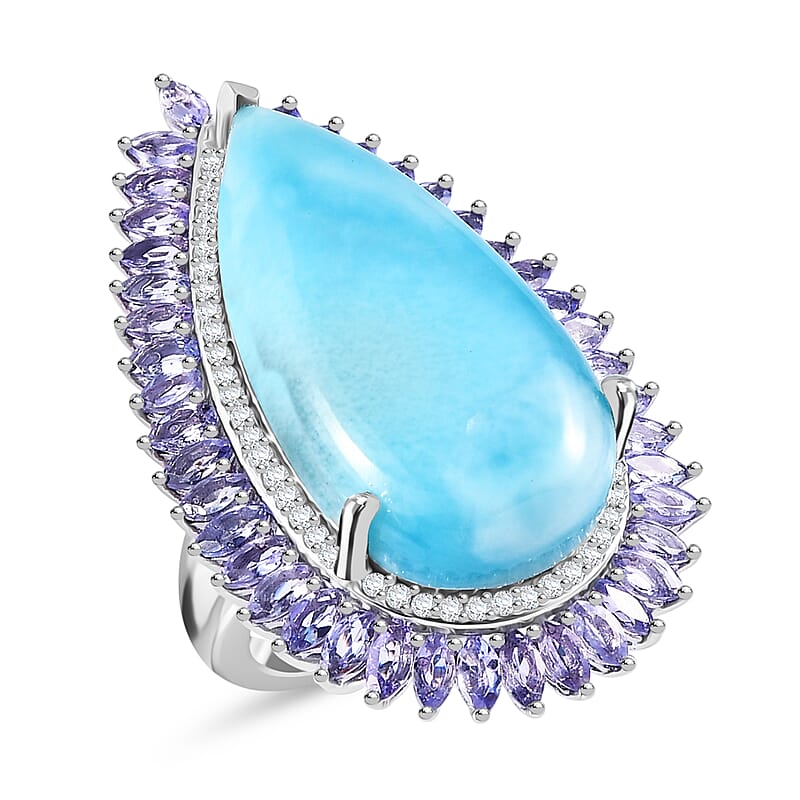 Larimar and Multi Gemstone Double Halo Ring in Platinum Over Sterling Silver (Size 10.0) 31.75 ctw