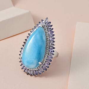 Larimar and Multi Gemstone Double Halo Ring in Platinum Over Sterling Silver (Size 10.0) 31.75 ctw