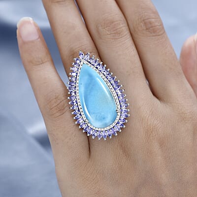 Larimar and Multi Gemstone Double Halo Ring in Platinum Over Sterling Silver (Size 10.0) 31.75 ctw