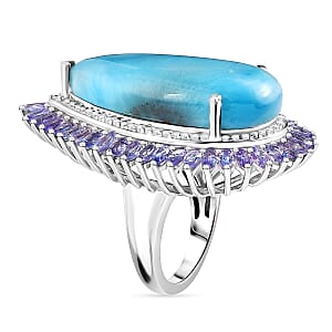 Larimar and Multi Gemstone Double Halo Ring in Platinum Over Sterling Silver (Size 10.0) 31.75 ctw