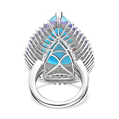 Larimar and Multi Gemstone Double Halo Ring in Platinum Over Sterling Silver (Size 10.0) 31.75 ctw