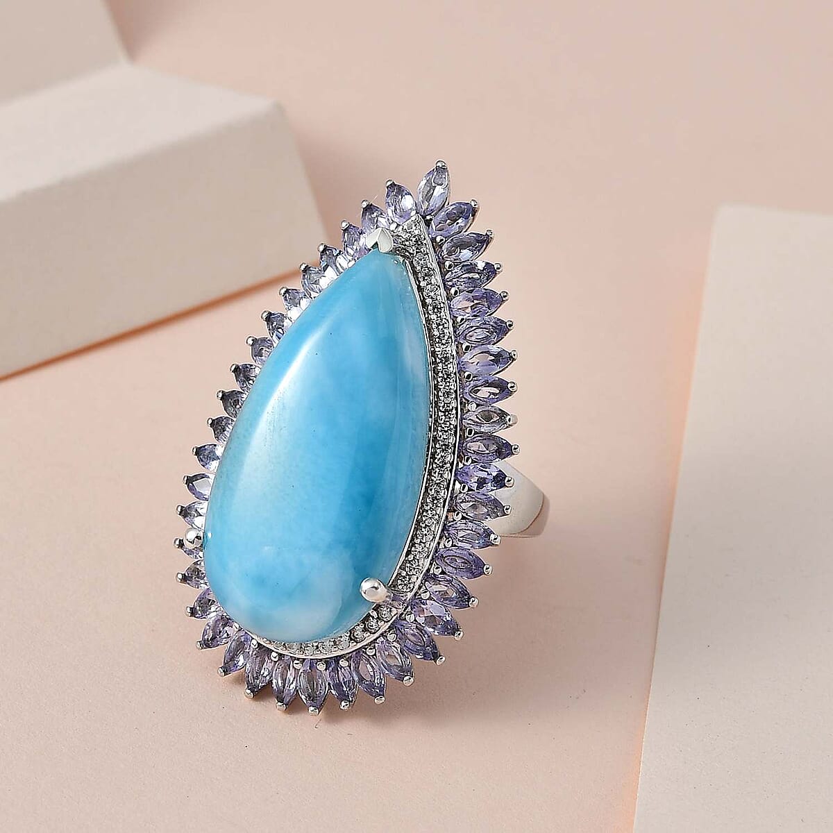 Larimar and Multi Gemstone Double Halo Ring in Platinum Over Sterling Silver (Size 6.0) 31.75 ctw image number 1