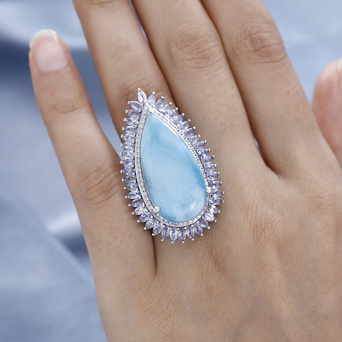 Larimar and Multi Gemstone Double Halo Ring in Platinum Over Sterling Silver (Size 8.0) 31.75 ctw image number 2