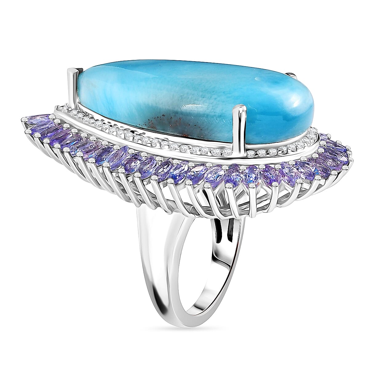 Larimar and Multi Gemstone Double Halo Ring in Platinum Over Sterling Silver (Size 9.0) 31.75 ctw image number 3