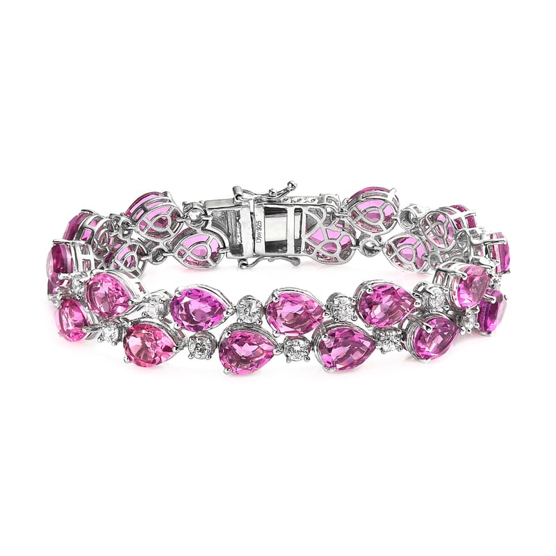 Premium Radiant Orchid Quartz (Triplet) and White Zircon Bracelet in Platinum Over Sterling Silver (6.50 In) 34.00 ctw