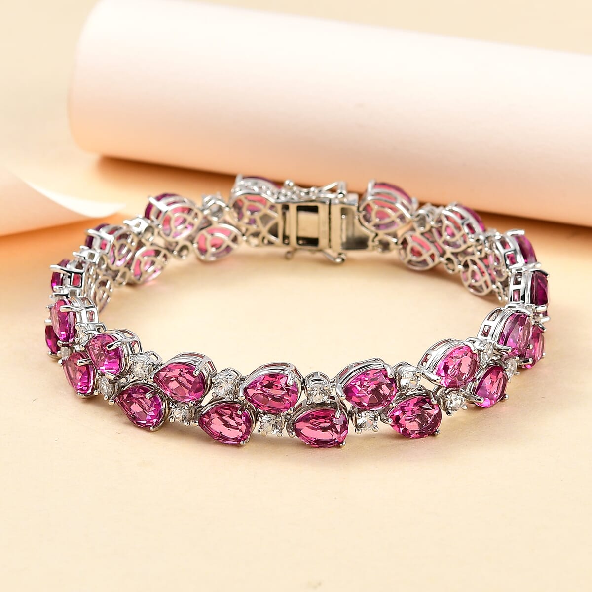 Premium Radiant Orchid Quartz (Triplet) and White Zircon Bracelet in Platinum Over Sterling Silver (6.50 In) 34.00 ctw image number 1