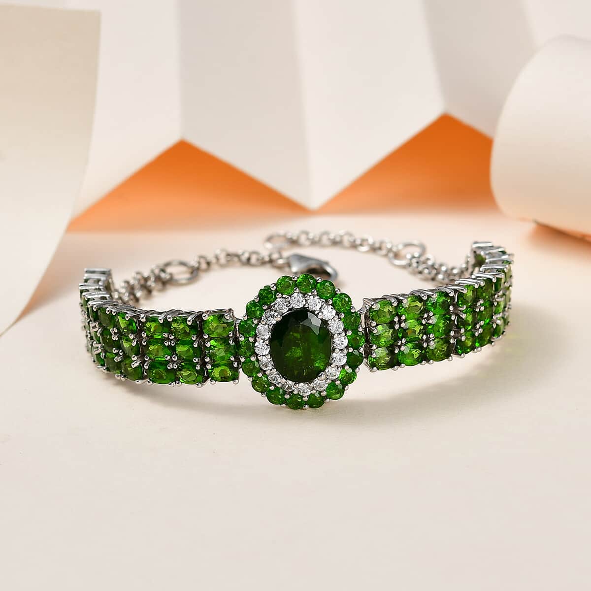 Chrome Diopside and White Zircon Bracelet in Platinum Over Sterling Silver (7.25 In) 14.60 ctw image number 1