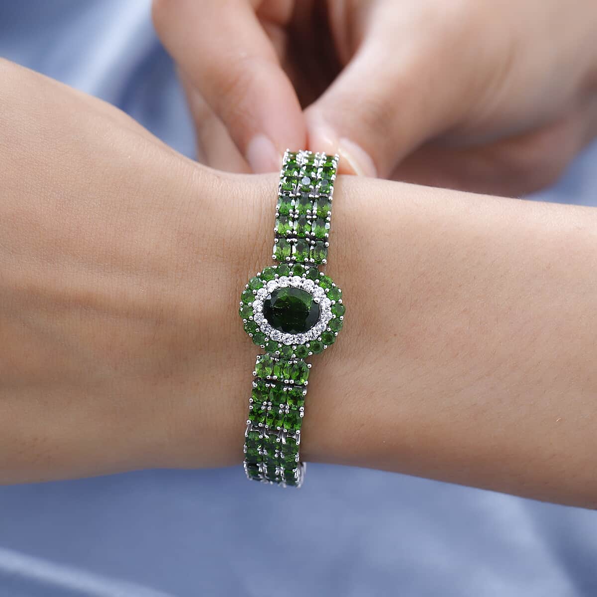 Chrome Diopside and White Zircon Bracelet in Platinum Over Sterling Silver (7.25 In) 14.60 ctw image number 2