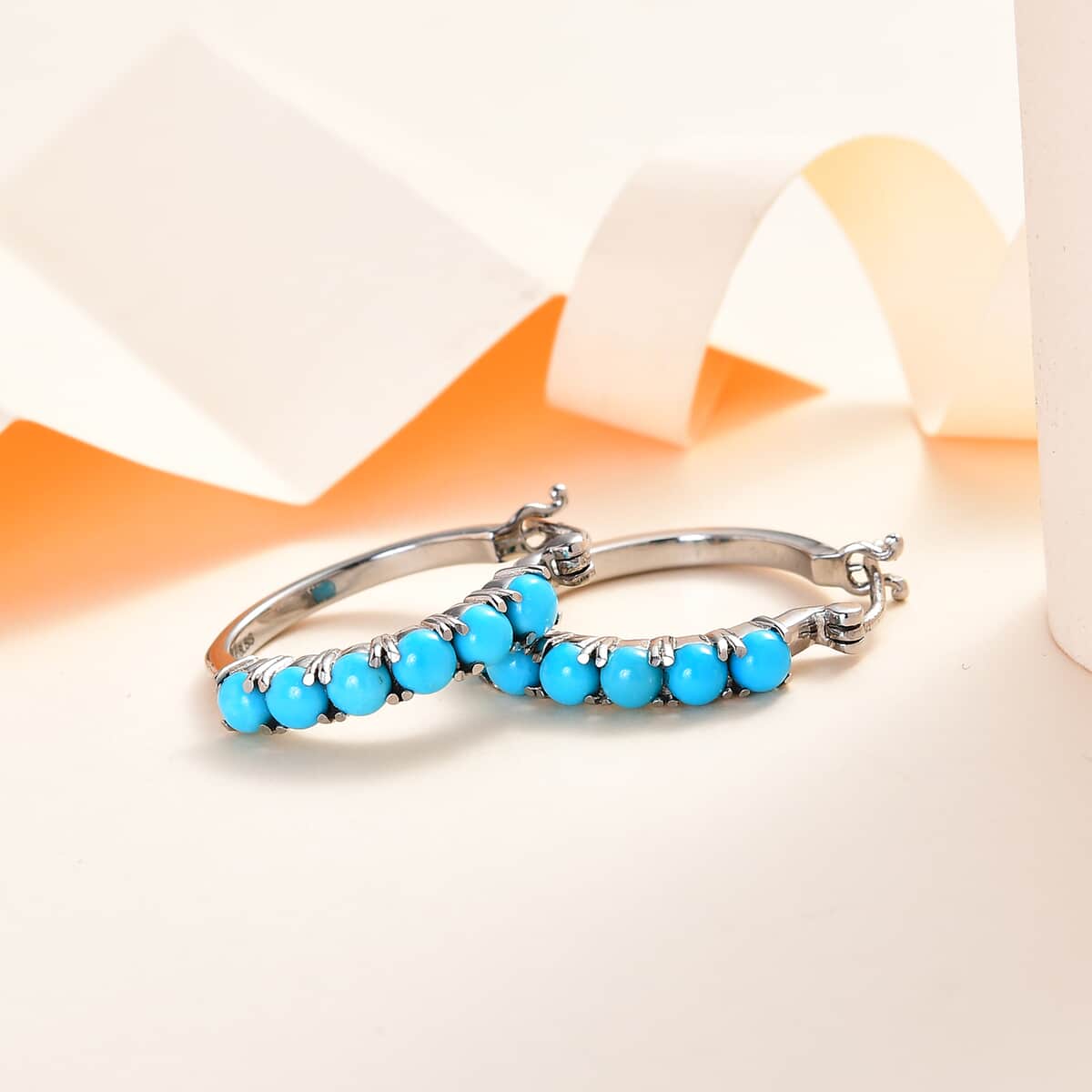 Premium Sleeping Beauty Turquoise Hoop Earrings in Stainless Steel 3.65 ctw image number 1