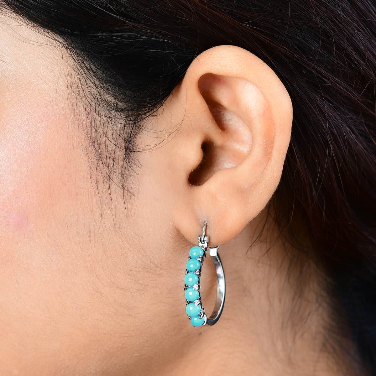 Premium Sleeping Beauty Turquoise Hoop Earrings in Stainless Steel 3.65 ctw image number 2