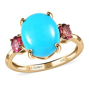 Luxoro  AAA Sleeping Beauty Turquoise Ring,  Ouro Fino Rubellite Accent Ring, 3 Stone Ring, Trilogy Ring, 10K Yellow Gold Ring 3.60 ctw