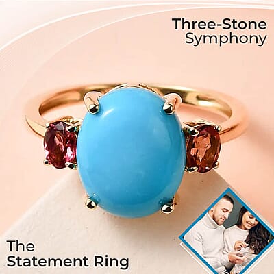 Luxoro  AAA Sleeping Beauty Turquoise Ring,  Ouro Fino Rubellite Accent Ring, 3 Stone Ring, Trilogy Ring, 10K Yellow Gold Ring 3.60 ctw