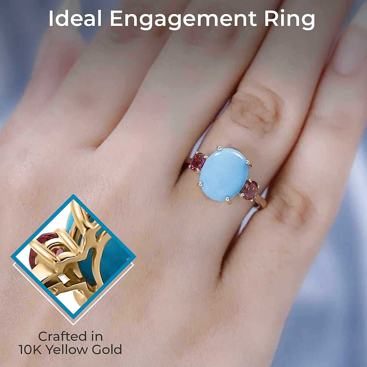 Luxoro 10K Yellow Gold AAA Sleeping Beauty Turquoise and Ouro Fino Rubellite 3 Stone Ring 3.60 ctw image number 2
