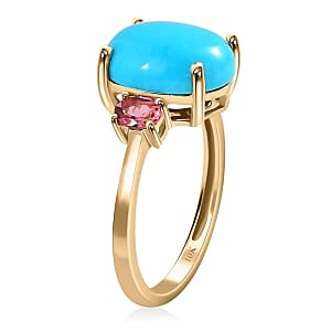 Luxoro  AAA Sleeping Beauty Turquoise Ring,  Ouro Fino Rubellite Accent Ring, 3 Stone Ring, Trilogy Ring, 10K Yellow Gold Ring 3.60 ctw
