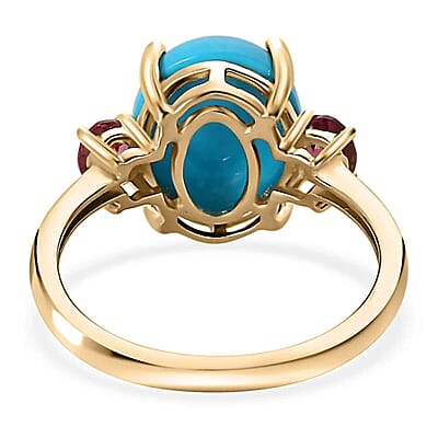 Luxoro  AAA Sleeping Beauty Turquoise Ring,  Ouro Fino Rubellite Accent Ring, 3 Stone Ring, Trilogy Ring, 10K Yellow Gold Ring 3.60 ctw