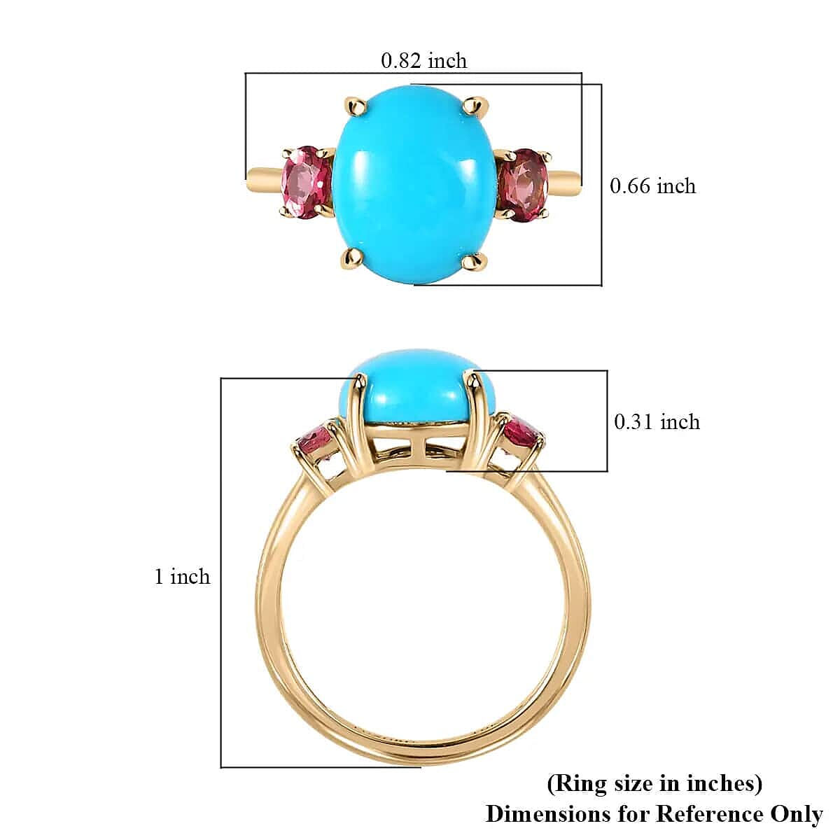 Luxoro  AAA Sleeping Beauty Turquoise Ring,  Ouro Fino Rubellite Accent Ring, 3 Stone Ring, Trilogy Ring, 10K Yellow Gold Ring 3.60 ctw
