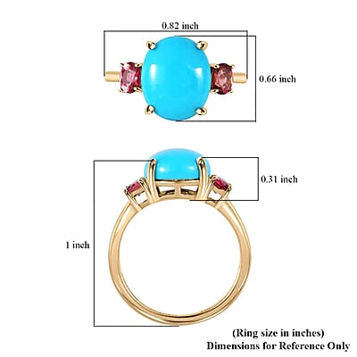 Luxoro  AAA Sleeping Beauty Turquoise Ring,  Ouro Fino Rubellite Accent Ring, 3 Stone Ring, Trilogy Ring, 10K Yellow Gold Ring 3.60 ctw