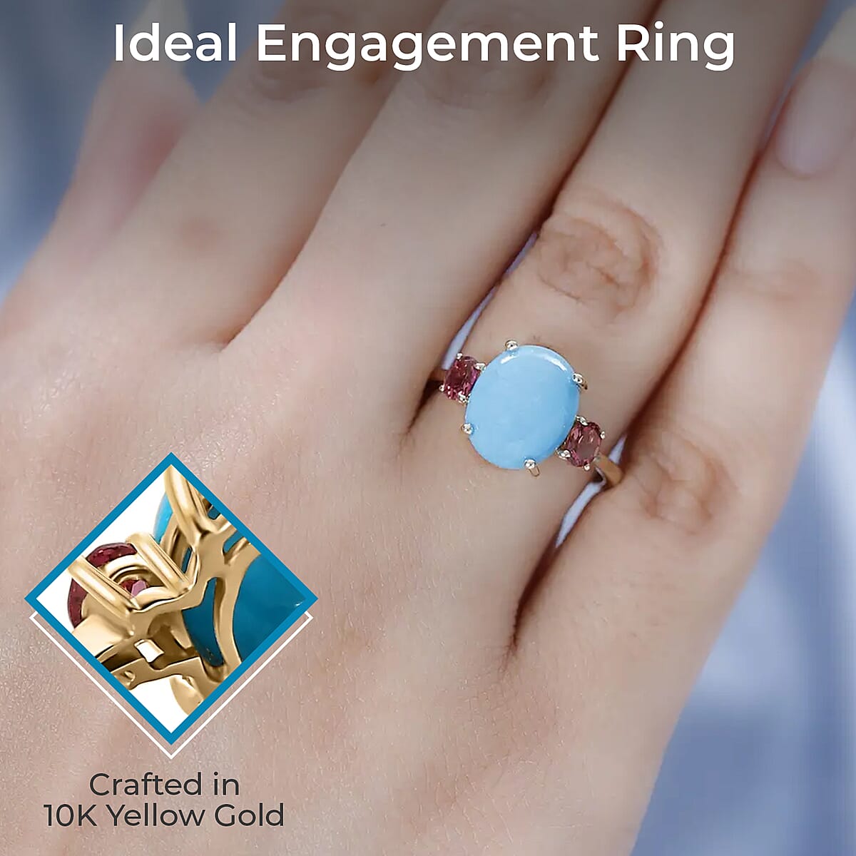 Luxoro  AAA Sleeping Beauty Turquoise Ring,  Ouro Fino Rubellite Accent Ring, 3 Stone Ring, Trilogy Ring, 10K Yellow Gold Ring 3.60 ctw image number 2