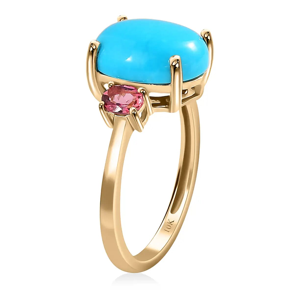 Luxoro  AAA Sleeping Beauty Turquoise Ring,  Ouro Fino Rubellite Accent Ring, 3 Stone Ring, Trilogy Ring, 10K Yellow Gold Ring 3.60 ctw image number 3