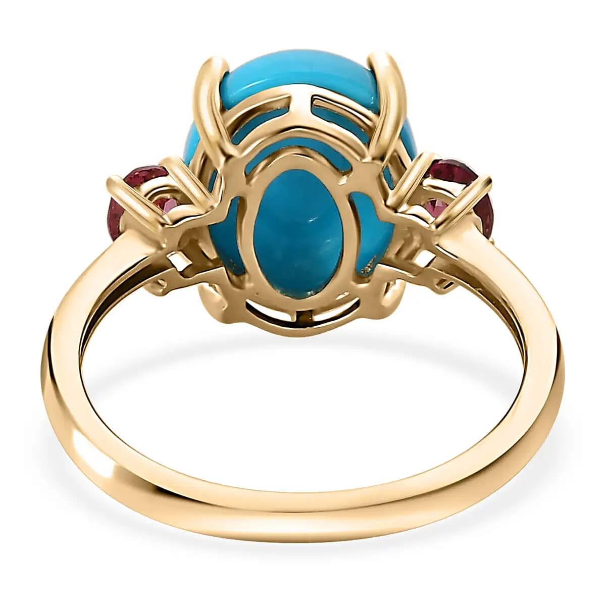 Luxoro  AAA Sleeping Beauty Turquoise Ring,  Ouro Fino Rubellite Accent Ring, 3 Stone Ring, Trilogy Ring, 10K Yellow Gold Ring 3.60 ctw image number 4