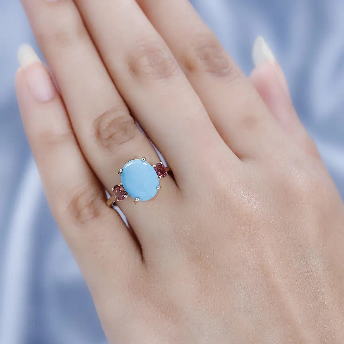 Luxoro  AAA Sleeping Beauty Turquoise Ring,  Ouro Fino Rubellite Accent Ring, 3 Stone Ring, Trilogy Ring, 10K Yellow Gold Ring 3.60 ctw image number 5