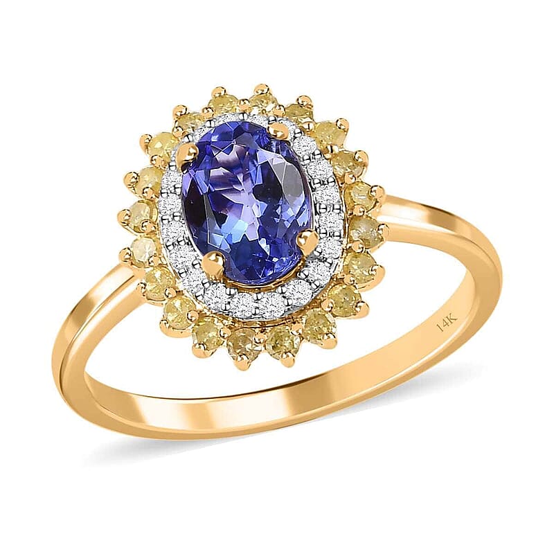 Luxoro 14K Yellow Gold AAA Tanzanite, I3 Natural Yellow and White Diamond Floral Ring (Size 7.0) 1.40 ctw