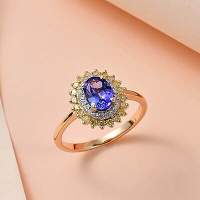 Luxoro 14K Yellow Gold AAA Tanzanite, I3 Natural Yellow and White Diamond Floral Ring (Size 7.0) 1.40 ctw