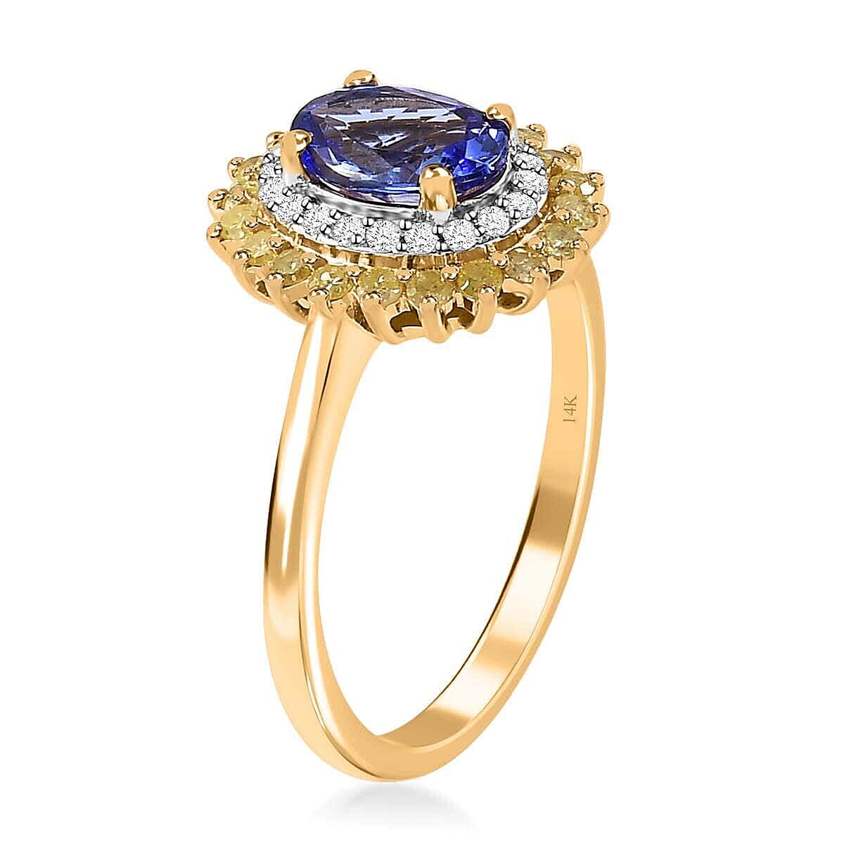 Luxoro 14K Yellow Gold AAA Tanzanite, I3 Natural Yellow and White Diamond Floral Ring (Size 7.0) 1.40 ctw